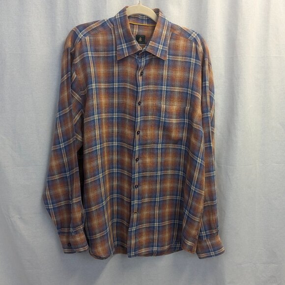 Robert Talbott Size Large Orange/Blue Plaid Button Down in 100% Linen - Picture 1 of 16